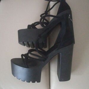 GZXianLV Black Srappy Faux Suede Platform Block Heel Sandals Size 38